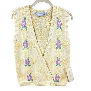 Vintage J Christopher Grandma Sweater Vest Sz M Butter Yellow Floral Wrap Front